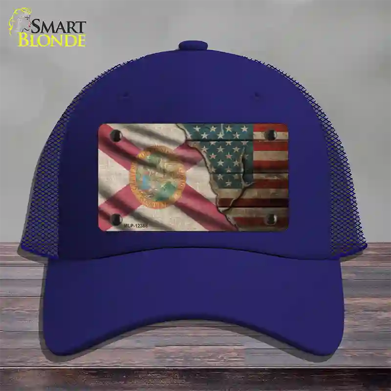 Florida/American Flag Novelty License Plate Hat Mesh / Royal Blue