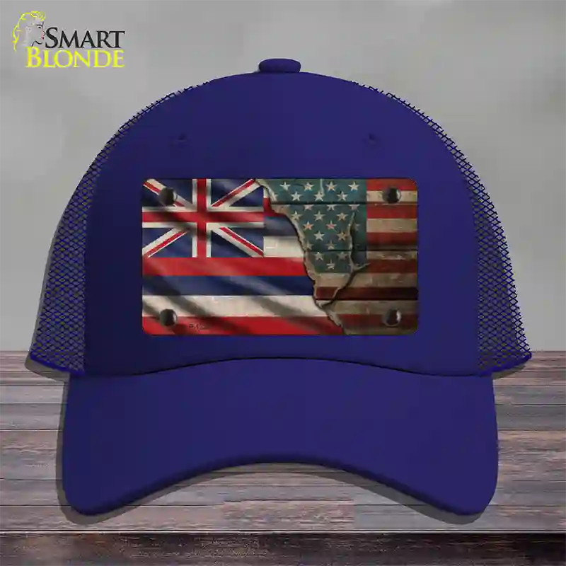 Hawaii/American Flag Novelty License Plate Hat Mesh / Royal Blue