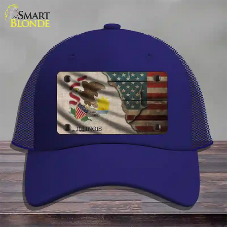 Illinois/American Flag Novelty License Plate Hat Mesh / Royal Blue