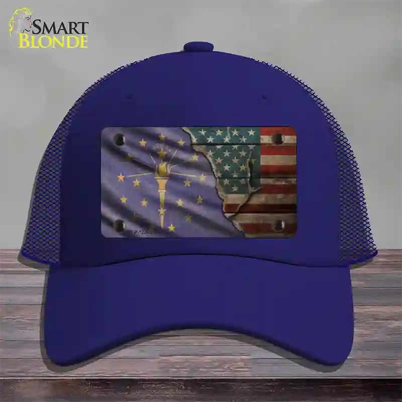 Indiana/American Flag Novelty License Plate Hat Mesh / Royal Blue