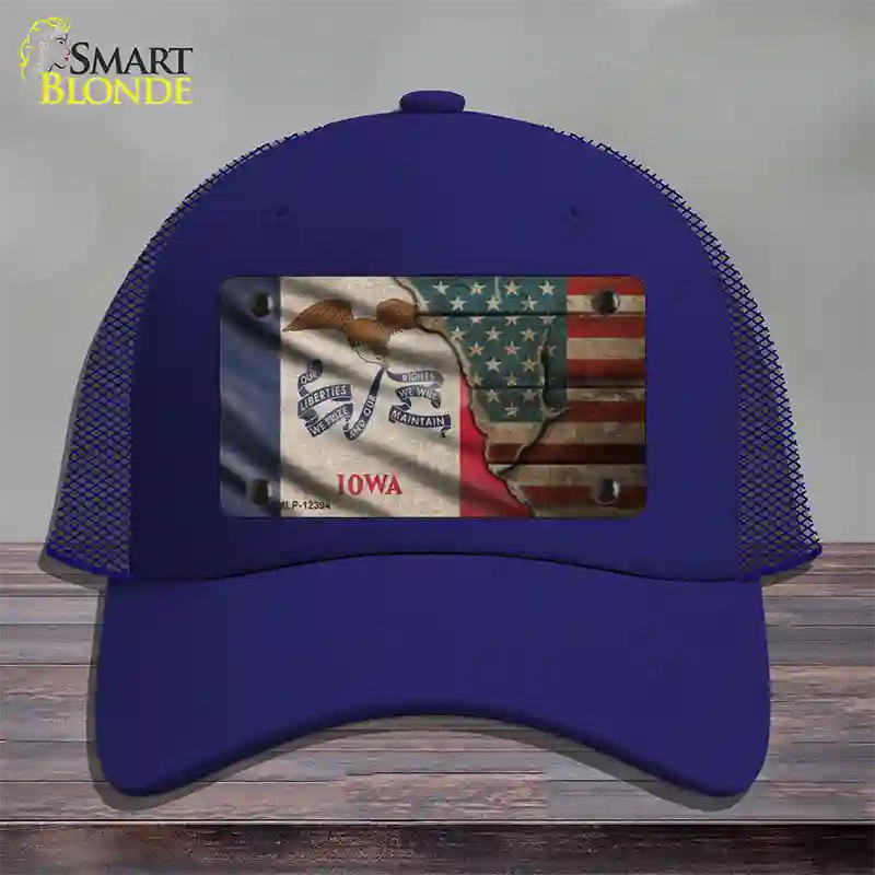 Iowa/American Flag Novelty License Plate Hat Mesh / Royal Blue