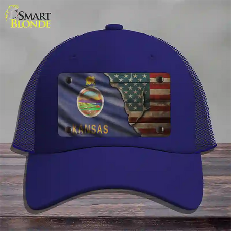 Kansas/American Flag Novelty License Plate Hat Mesh / Royal Blue