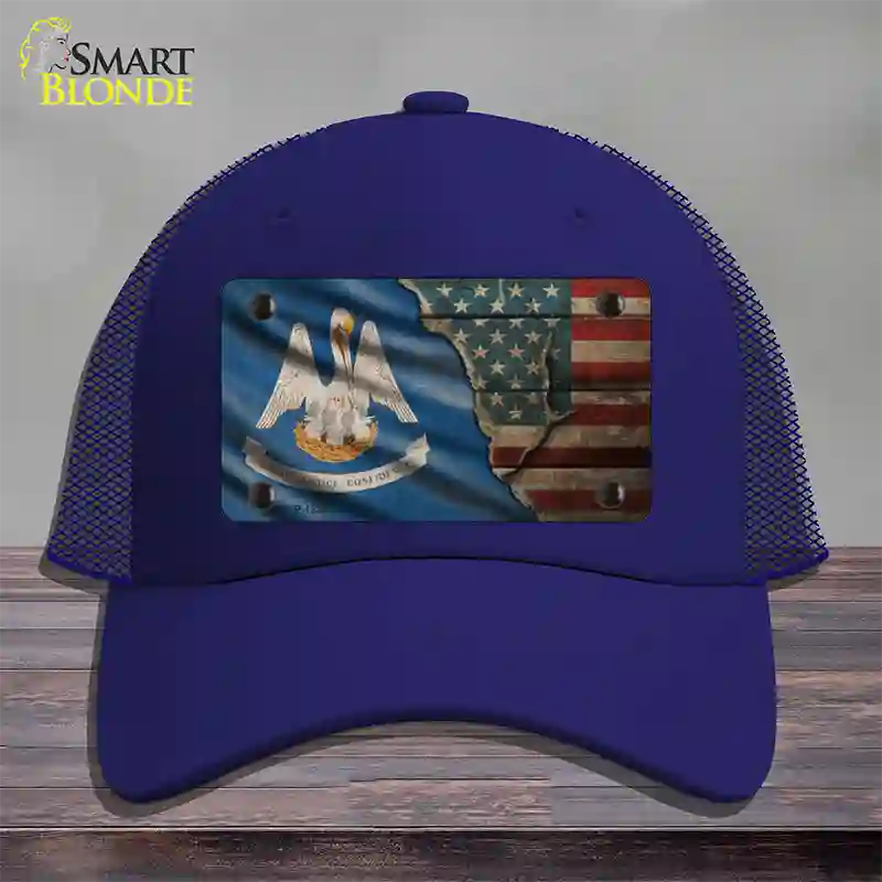 Louisiana/American Flag Novelty License Plate Hat Mesh / Royal Blue