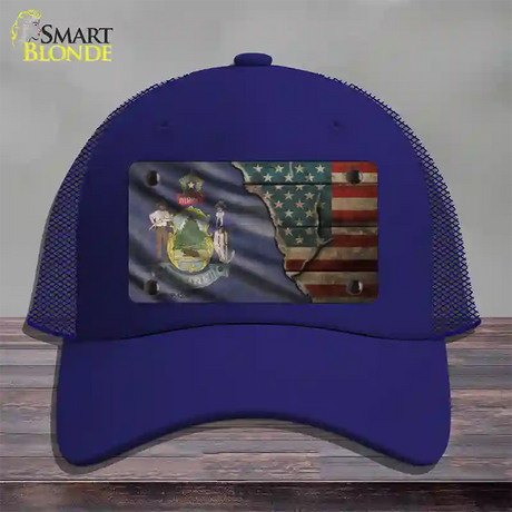 Maine/American Flag Novelty License Plate Hat Mesh / Royal Blue