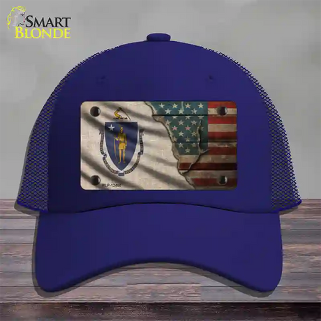 Massachusetts/American Flag Novelty License Plate Hat Mesh / Royal Blue