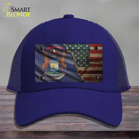 Michigan/American Flag Novelty License Plate Hat Mesh / Royal Blue