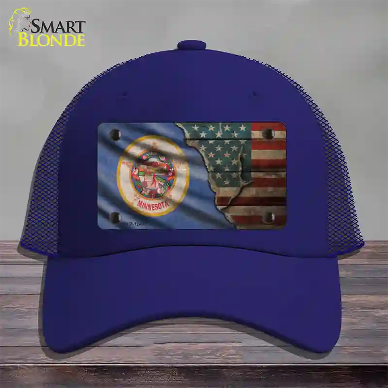 Minnesota/American Flag Novelty License Plate Hat Mesh / Royal Blue