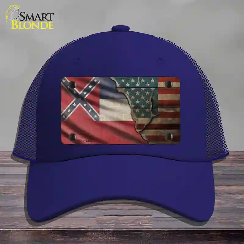 Mississippi/American Flag Novelty License Plate Hat Mesh / Royal Blue