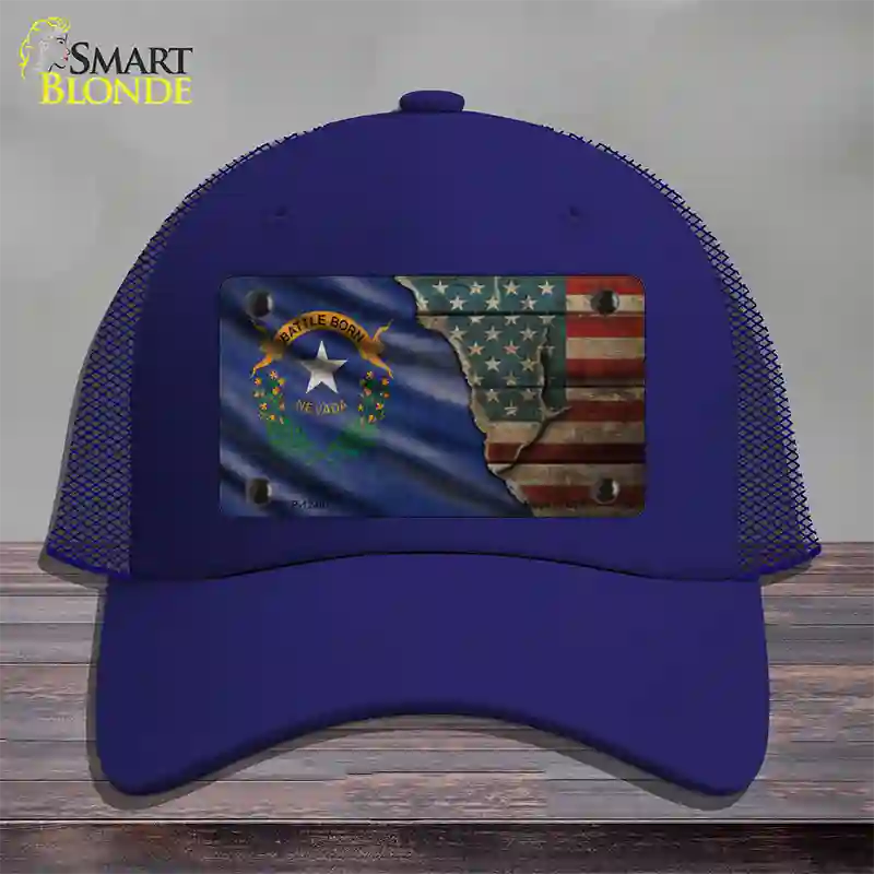 Nevada/American Flag Novelty License Plate Hat Mesh / Royal Blue