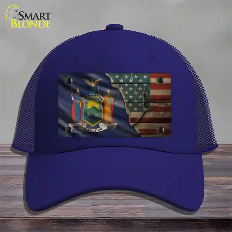 New York/American Flag Novelty License Plate Hat Mesh / Royal Blue