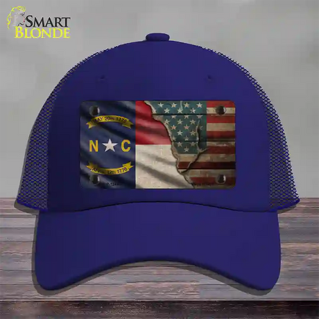 North Carolina/American Flag Novelty License Plate Hat Mesh / Royal Blue