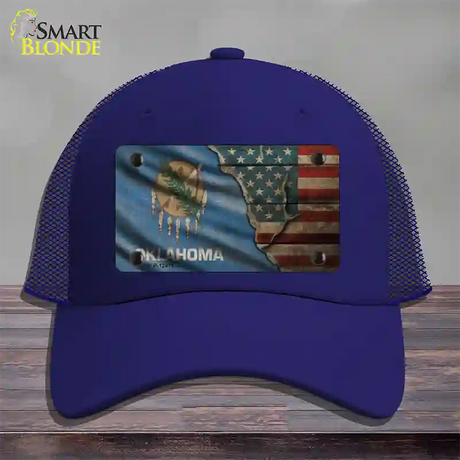 Oklahoma/American Flag Novelty License Plate Hat Mesh / Royal Blue