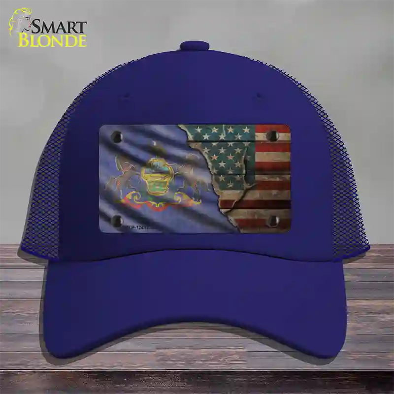 Pennsylvania/American Flag Novelty License Plate Hat Mesh / Royal Blue