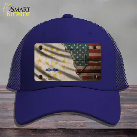 Rhode Island/American Flag Novelty License Plate Hat Mesh / Royal Blue