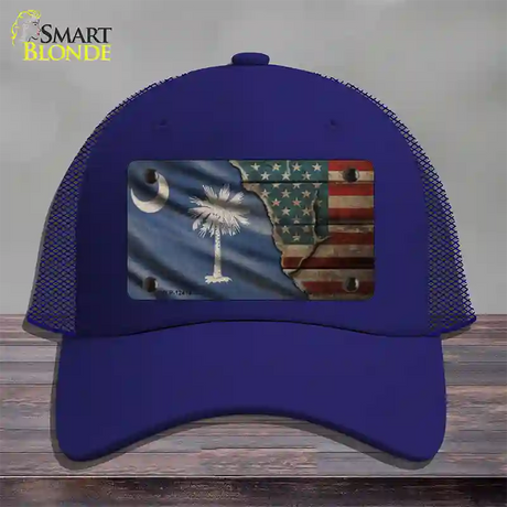 South Carolina/American Flag Novelty License Plate Hat Mesh / Royal Blue