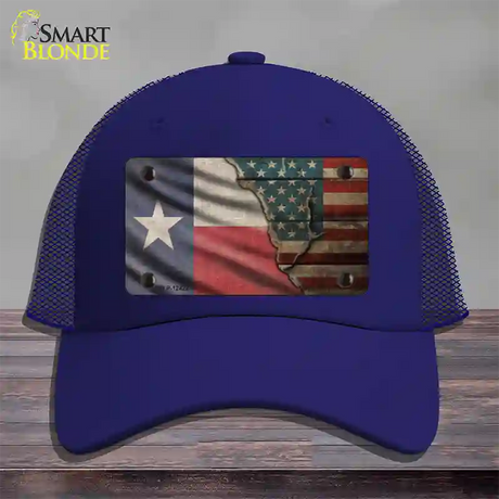 Texas/American Flag Novelty License Plate Hat Mesh / Royal Blue