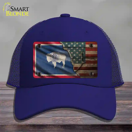 Wyoming/American Flag Novelty License Plate Hat Mesh / Royal Blue