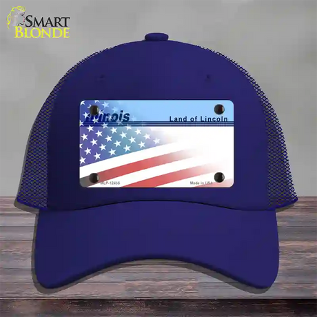 Illinois Lincoln with American Flag Novelty License Plate Hat Mesh / Royal Blue