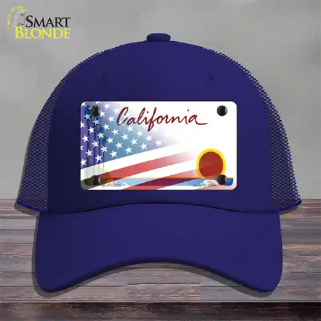 California Palm Plate American Flag Novelty License Plate Hat Mesh / Royal Blue