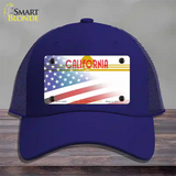 California Golden with American Flag Novelty License Plate Hat Mesh / Royal Blue