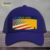 New York Yellow with American Flag Novelty License Plate Hat Mesh / Royal Blue