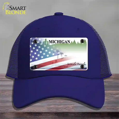 Michigan Peninsulas Plate American Flag Novelty License Plate Hat Mesh / Royal Blue