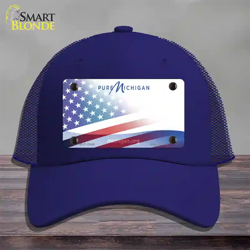 Pure Michigan Plate American Flag Novelty License Plate Hat Mesh / Royal Blue