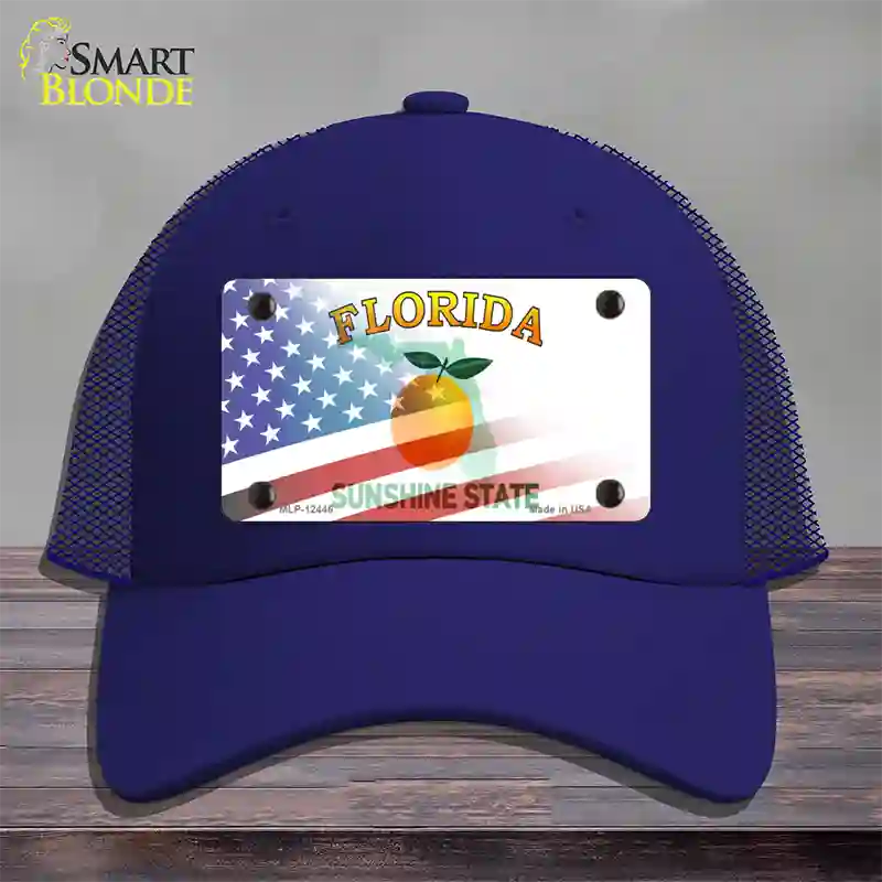 Florida Orange with American Flag Novelty License Plate Hat Mesh / Royal Blue