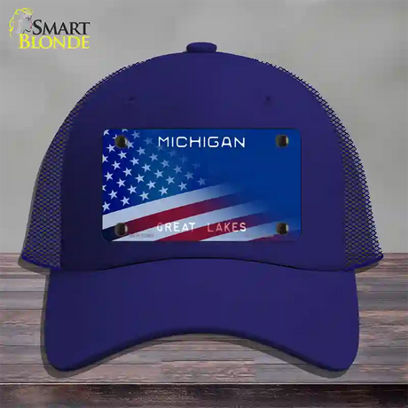 Michigan Great Lakes Plate American Flag Novelty License Plate Hat Mesh / Royal Blue