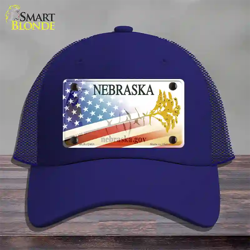 Nebraska Plate American Flag Novelty License Plate Hat Mesh / Royal Blue