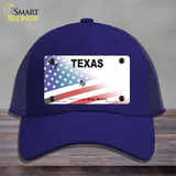 Texas White with American Flag Novelty License Plate Hat Mesh / Royal Blue