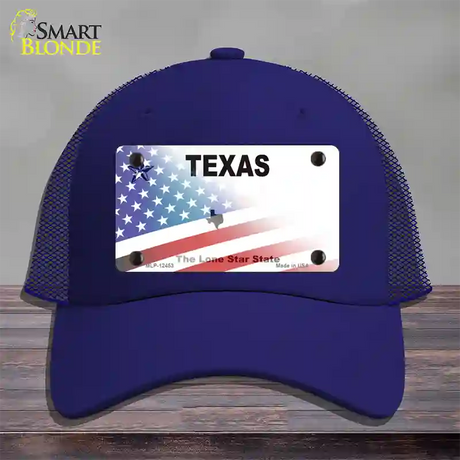 Texas White with American Flag Novelty License Plate Hat Mesh / Royal Blue