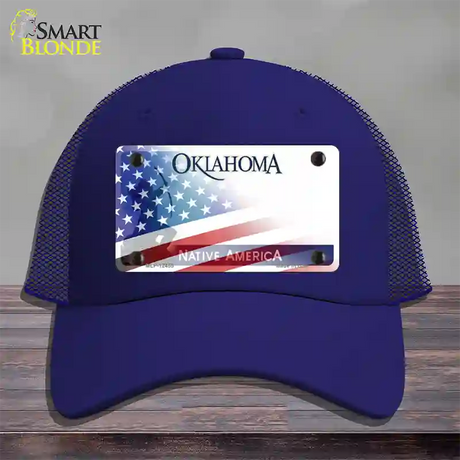 Oklahoma Bow with American Flag Novelty License Plate Hat Mesh / Royal Blue