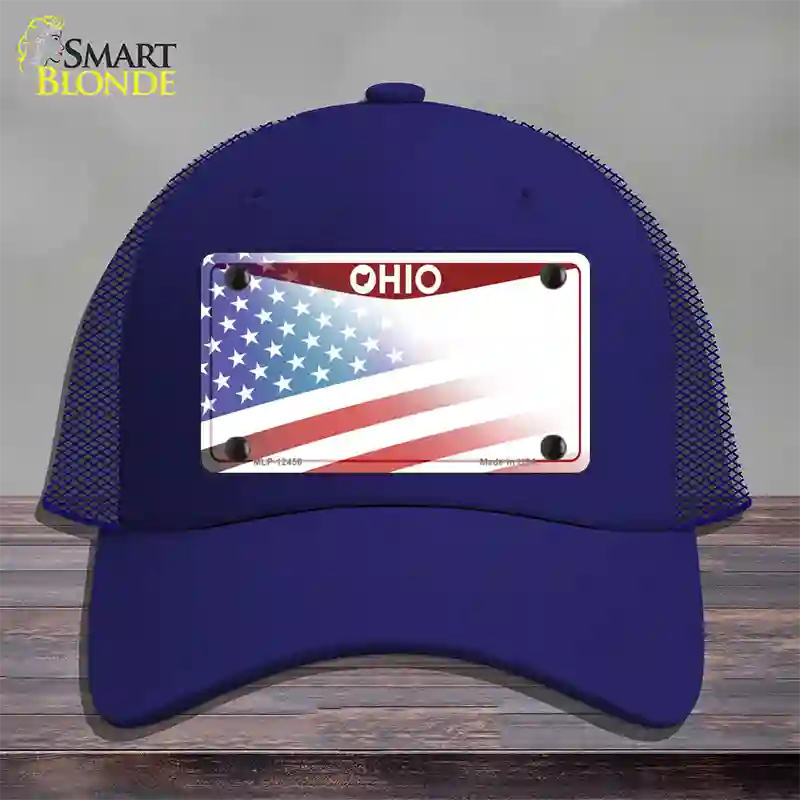 Ohio State American Flag Novelty License Plate Hat Mesh / Royal Blue