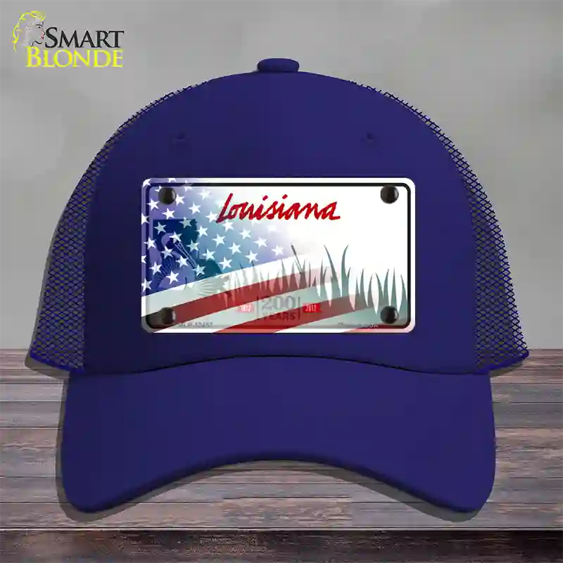 Louisiana 200 Years with American Flag Novelty License Plate Hat Mesh / Royal Blue