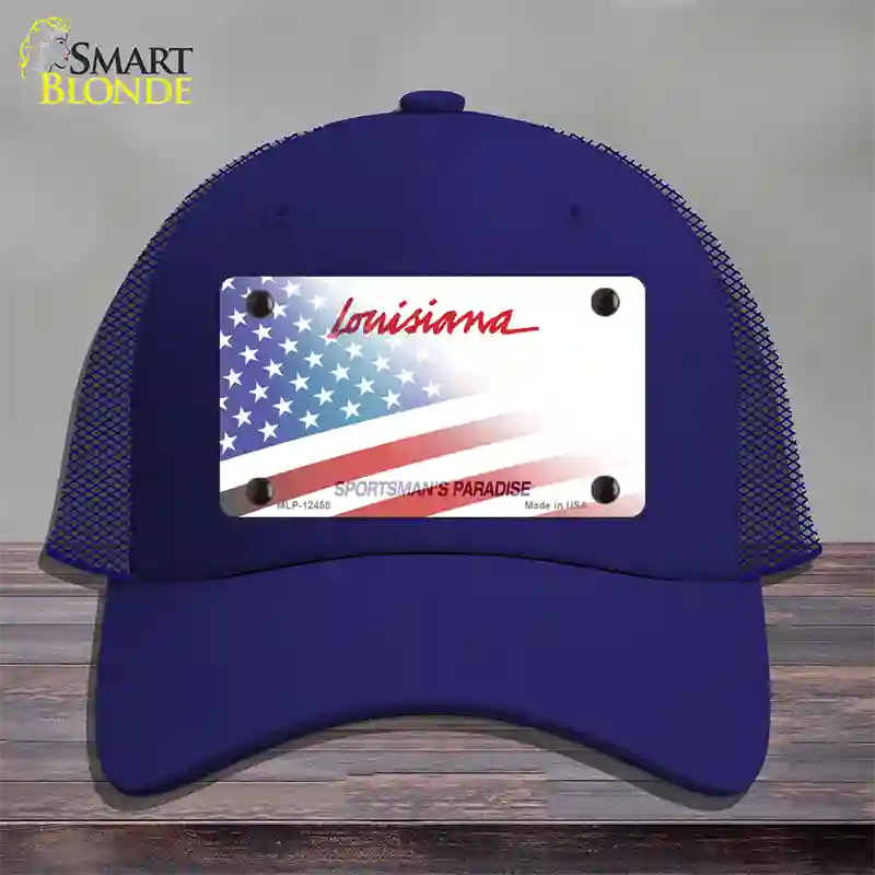 Louisiana Plate American Flag Novelty License Plate Hat Mesh / Royal Blue