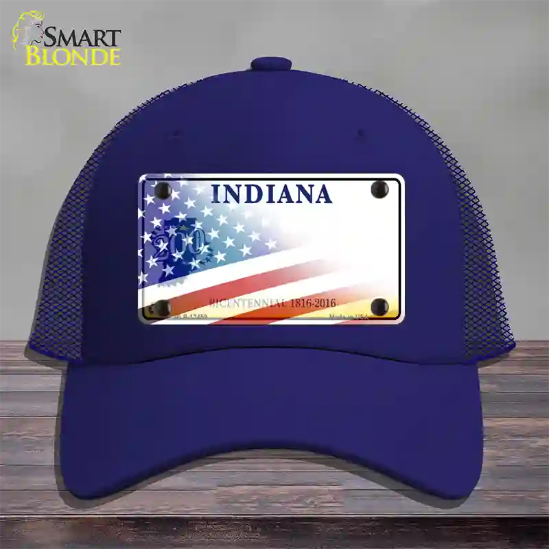 Indiana Bicentennial with American Flag Novelty License Plate Hat Mesh / Royal Blue