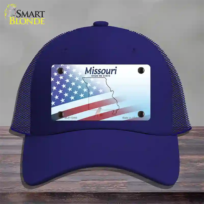 Missouri Show Me with American Flag Novelty License Plate Hat Mesh / Royal Blue