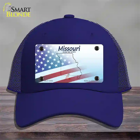 Missouri Show Me with American Flag Novelty License Plate Hat Mesh / Royal Blue