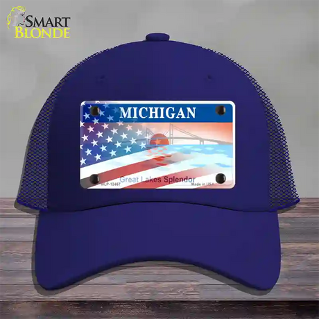 Michigan Splendor with American Flag Novelty License Plate Hat Mesh / Royal Blue