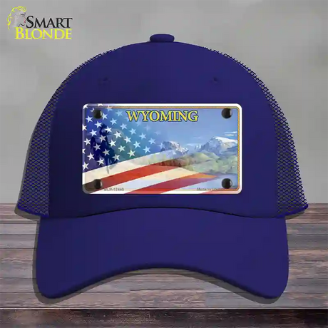 Wyoming State with American Flag Novelty License Plate Hat Mesh / Royal Blue