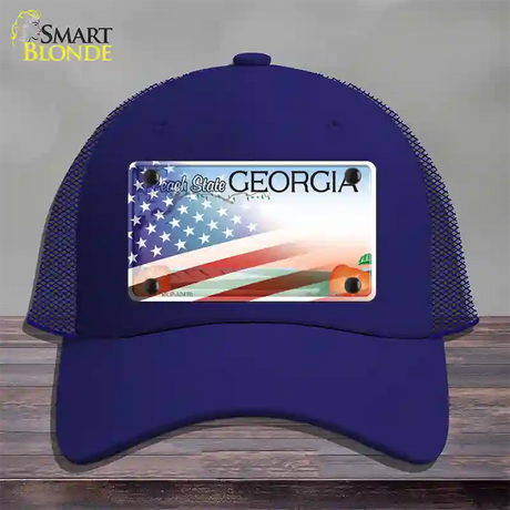 Georgia Peach with American Flag Novelty License Plate Hat Mesh / Royal Blue