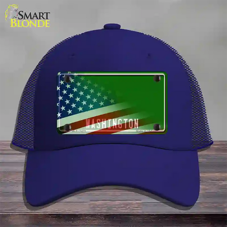 Washington Green with American Flag Novelty License Plate Hat Mesh / Royal Blue