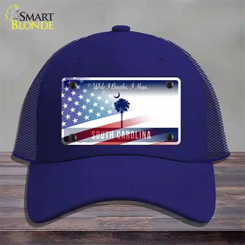 South Carolina Blue with American Flag Novelty License Plate Hat Mesh / Royal Blue