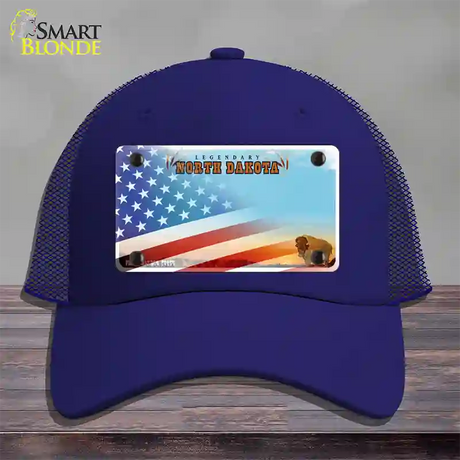 North Dakota Legendary with American Flag Novelty License Plate Hat Mesh / Royal Blue