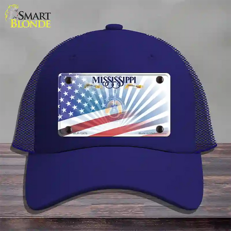 Mississippi Blue with American Flag Novelty License Plate Hat Mesh / Royal Blue