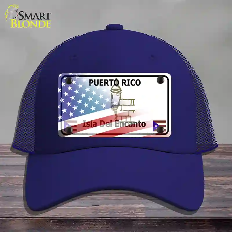 Puerto Rico with American Flag Novelty License Plate Hat Mesh / Royal Blue