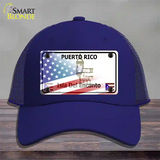 Puerto Rico with American Flag Novelty License Plate Hat Mesh / Royal Blue