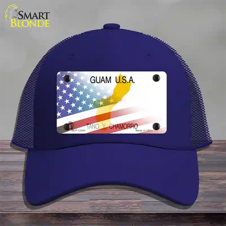 Guam with American Flag Novelty License Plate Hat Mesh / Royal Blue