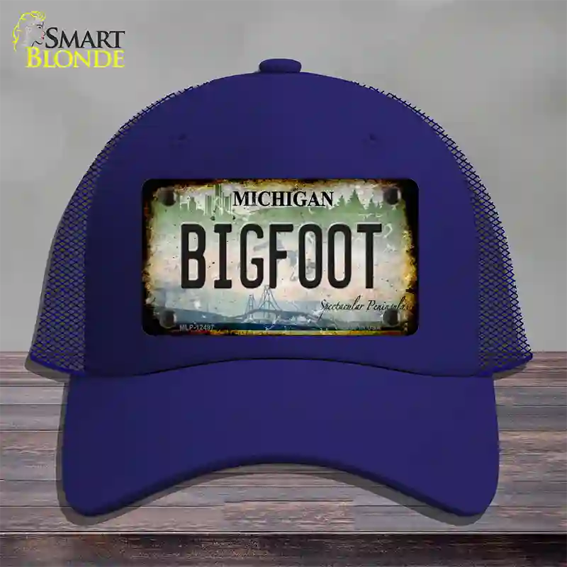 Bigfoot Michigan Novelty License Plate Hat Mesh / Royal Blue